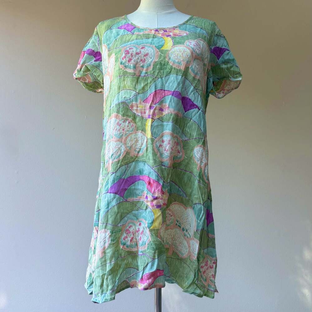 Vintage Putumayo Floral Print Pattern Rayon Shift Mini Dress